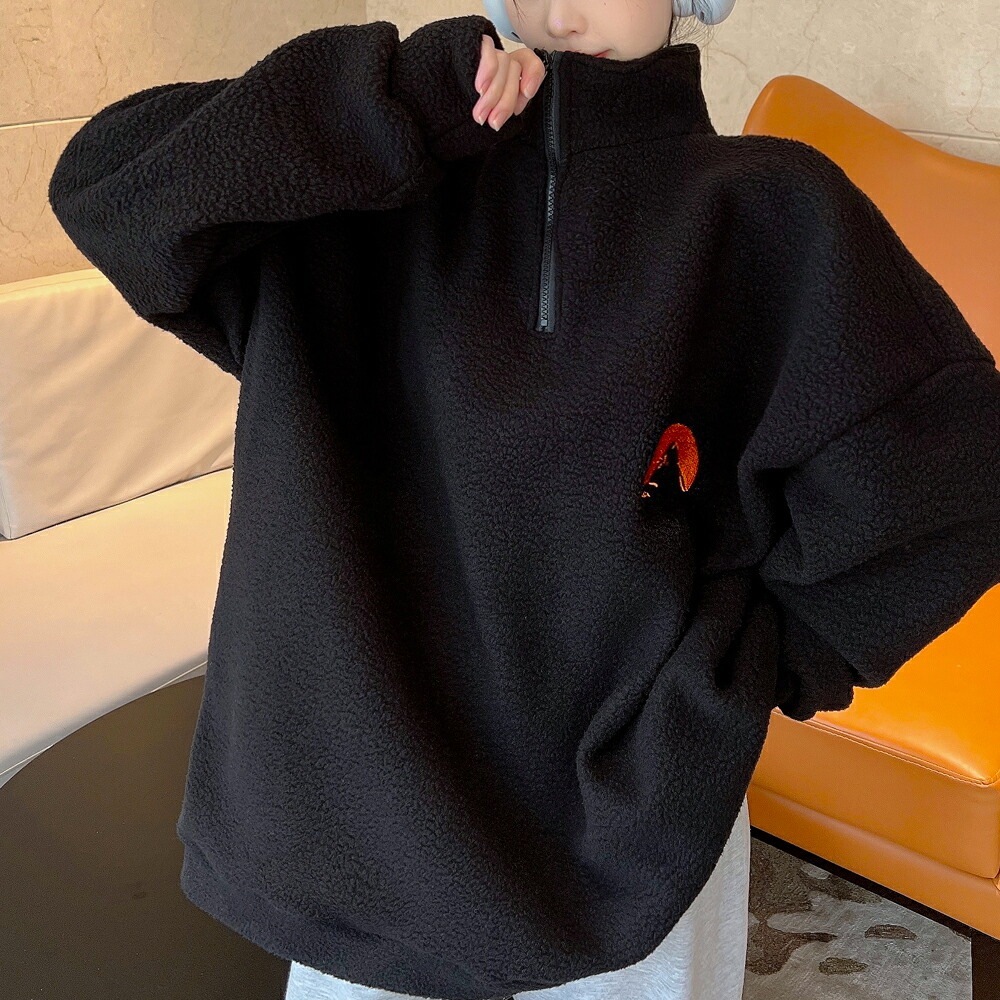 トレーナー レディース ハーフジップ メンズ ボア 韓国ファッション 大きいサイズ トップス 秋 冬 ビックシルエット おしゃれ 無地 オルチャンファッション 韓国服 長袖 ビッグ プルオーバー ユニセックス ハイネック