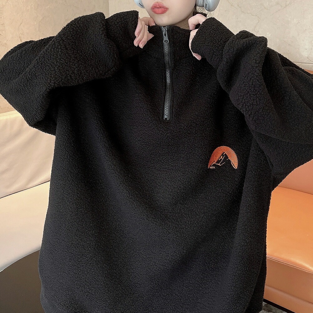 トレーナー レディース ハーフジップ メンズ ボア 韓国ファッション 大きいサイズ トップス 秋 冬 ビックシルエット おしゃれ 無地 オルチャンファッション 韓国服 長袖 ビッグ プルオーバー ユニセックス ハイネック