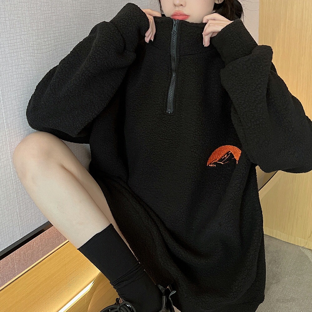 トレーナー レディース ハーフジップ メンズ ボア 韓国ファッション 大きいサイズ トップス 秋 冬 ビックシルエット おしゃれ 無地 オルチャンファッション 韓国服 長袖 ビッグ プルオーバー ユニセックス ハイネック