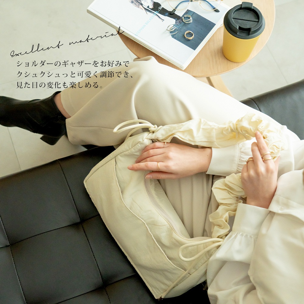 【SALE：40％OFF 11/2 10:00~】ショルダーバッグ ギャザー バッグ ギャザーショルダーバッグ フリルバッグ 斜めがけ ギャザーバッグ レディースバッグ ファスナー付 軽量 旅行 ミニ バック フェミニン かわいい おしゃれ 可愛い サブバッグ ナイロン 大人 カジュアル