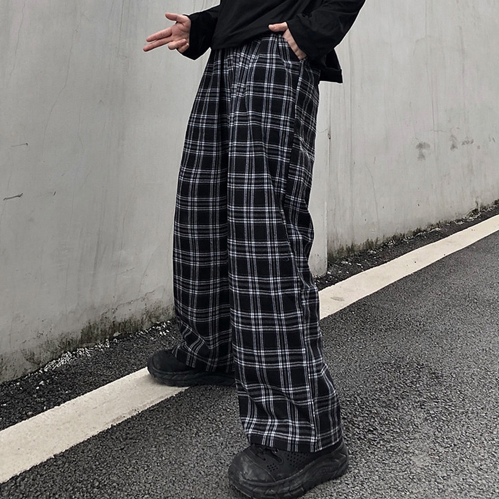 チェック ハイウエスト ワイド ストレート Y2K ストリート ルーズ パンツ