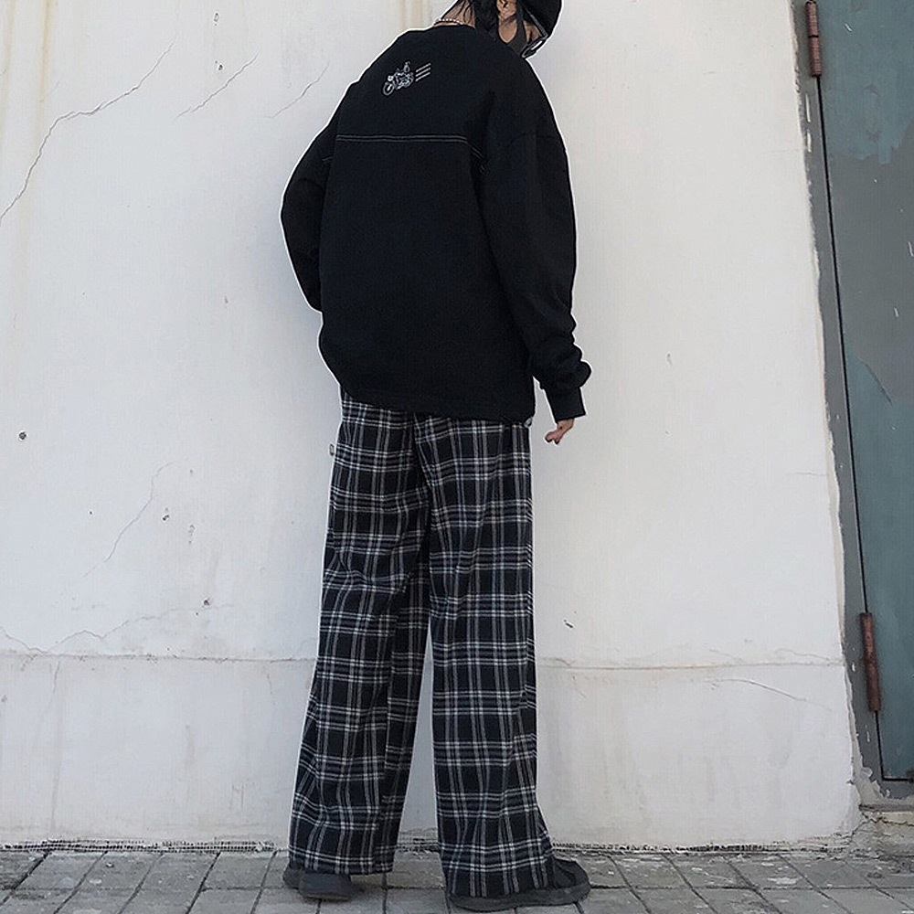 チェック ハイウエスト ワイド ストレート Y2K ストリート ルーズ パンツ
