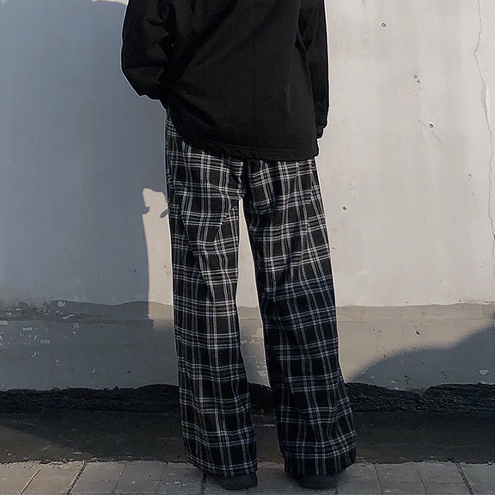 チェック ハイウエスト ワイド ストレート Y2K ストリート ルーズ パンツ