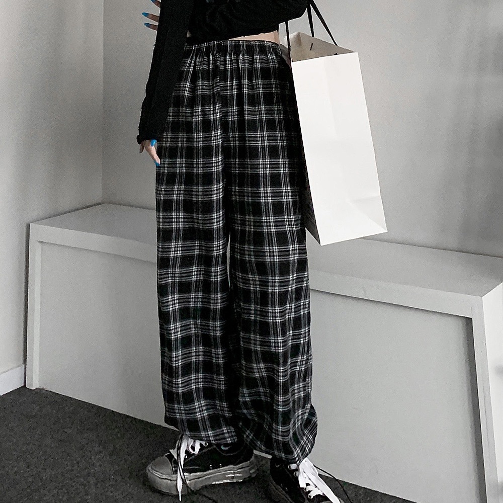 チェック ハイウエスト ワイド ストレート Y2K ストリート ルーズ パンツ