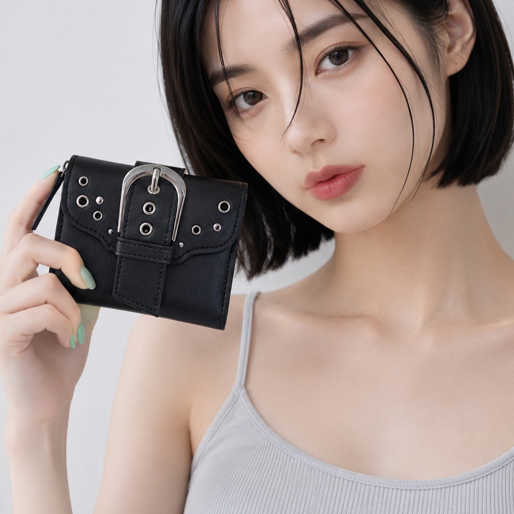 《50％OFF》DEVICE メタルバックルスタッズウォレット 財布 レディース メンズ ミニ財布 DEVICE メタルバックルスタッズウォレット 二つ折り財布 コンパクト 折りたたみ 三つ折り 小銭入れ コインケース カード入れ カードケース フェイクレザー ストリート モード Y2K スタッズ ベルト アイレット 黒 おしゃれ ギフト
