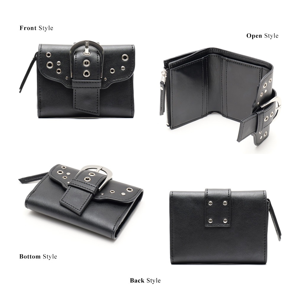 《50％OFF》DEVICE メタルバックルスタッズウォレット 財布 レディース メンズ ミニ財布 DEVICE メタルバックルスタッズウォレット 二つ折り財布 コンパクト 折りたたみ 三つ折り 小銭入れ コインケース カード入れ カードケース フェイクレザー ストリート モード Y2K スタッズ ベルト アイレット 黒 おしゃれ ギフト