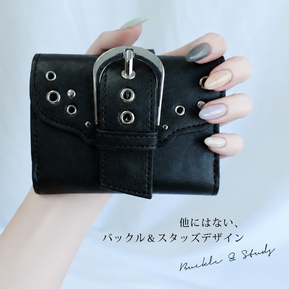 《50％OFF》DEVICE メタルバックルスタッズウォレット 財布 レディース メンズ ミニ財布 DEVICE メタルバックルスタッズウォレット 二つ折り財布 コンパクト 折りたたみ 三つ折り 小銭入れ コインケース カード入れ カードケース フェイクレザー ストリート モード Y2K スタッズ ベルト アイレット 黒 おしゃれ ギフト