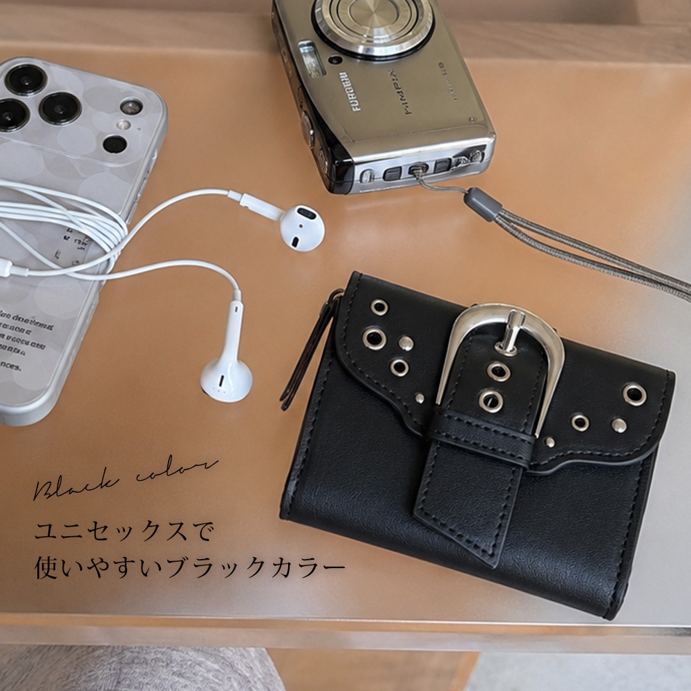 《50％OFF》DEVICE メタルバックルスタッズウォレット 財布 レディース メンズ ミニ財布 DEVICE メタルバックルスタッズウォレット 二つ折り財布 コンパクト 折りたたみ 三つ折り 小銭入れ コインケース カード入れ カードケース フェイクレザー ストリート モード Y2K スタッズ ベルト アイレット 黒 おしゃれ ギフト
