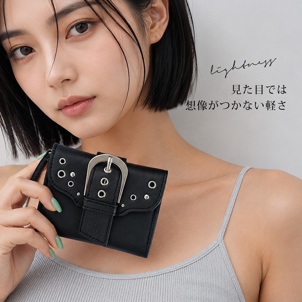 《50％OFF》DEVICE メタルバックルスタッズウォレット 財布 レディース メンズ ミニ財布 DEVICE メタルバックルスタッズウォレット 二つ折り財布 コンパクト 折りたたみ 三つ折り 小銭入れ コインケース カード入れ カードケース フェイクレザー ストリート モード Y2K スタッズ ベルト アイレット 黒 おしゃれ ギフト