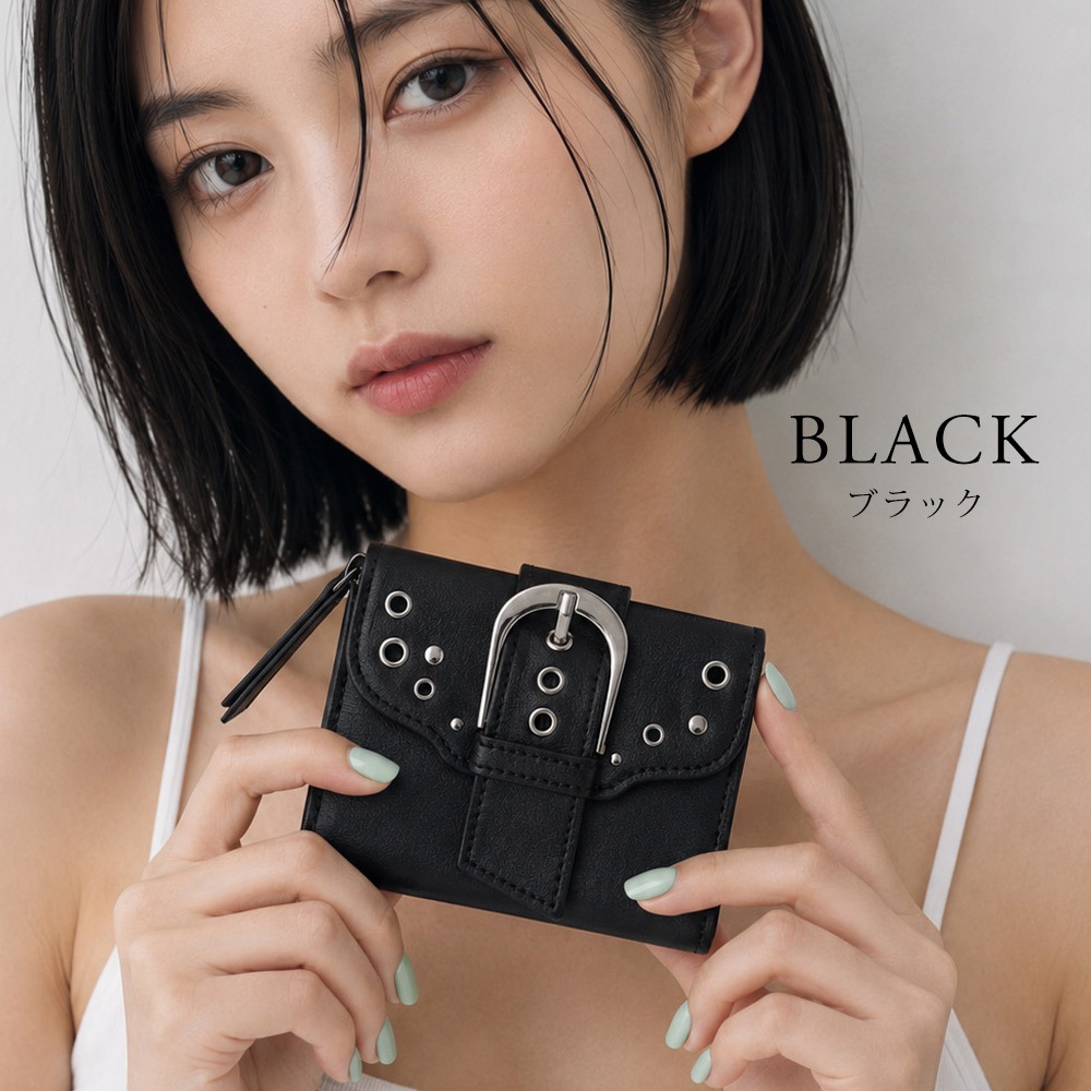 《50％OFF》DEVICE メタルバックルスタッズウォレット 財布 レディース メンズ ミニ財布 DEVICE メタルバックルスタッズウォレット 二つ折り財布 コンパクト 折りたたみ 三つ折り 小銭入れ コインケース カード入れ カードケース フェイクレザー ストリート モード Y2K スタッズ ベルト アイレット 黒 おしゃれ ギフト