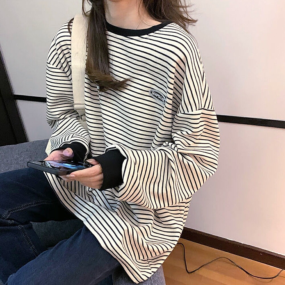 韓国 レディース ボーダー スウェット トレーナー 長袖 秋冬 トレーナー ボーダー スウェット トップス ゆったり レディース