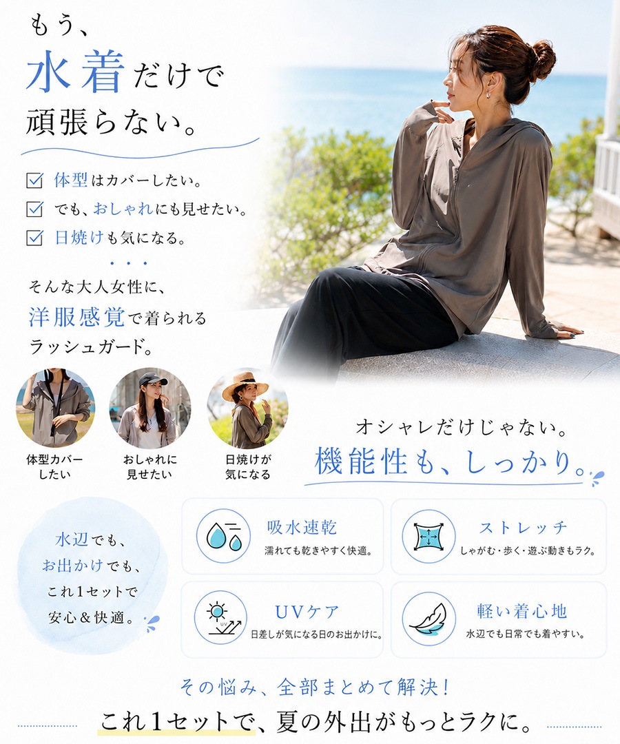 《Autumn SALE 52％OFF》ラッシュガード レディース 上下セット 水陸両用 水着体型カバー用 カバーアップ ピクニック 紫外線対策 おしゃれセットアップ 海 海水浴 ライブ フェス キャンプ 無地 日焼け防止 女性 大人 ママ 露出控えめ 30代 40代
