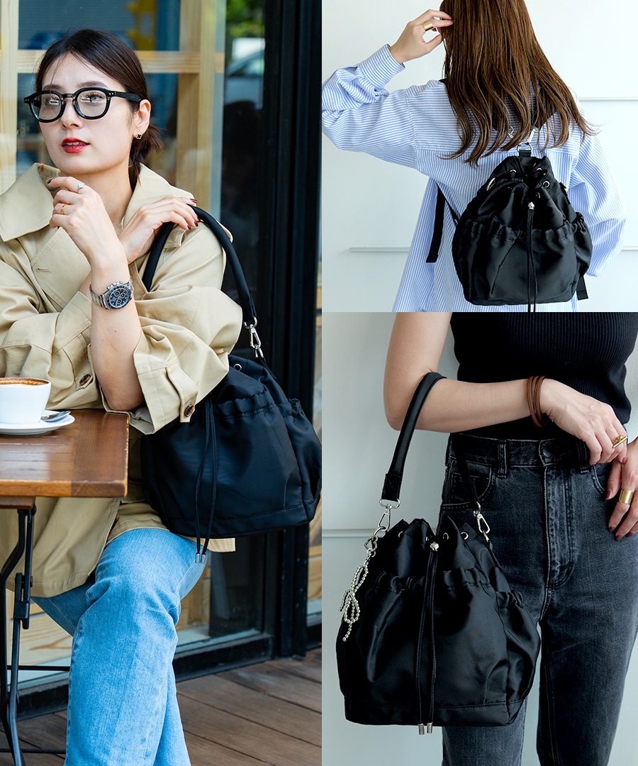 【クーポンで45％OFF】【新色グレー追加】★雑誌掲載されました★2way  ドロストバッグ レディース ハンドバッグ リュック ショルダーバッグ 軽量 バッグ 通勤 通学 きれいめ カジュアル おしゃれ ポリエステル 巾着バッグ ママバッグ 旅行 トレンド 大人女子 かわいい