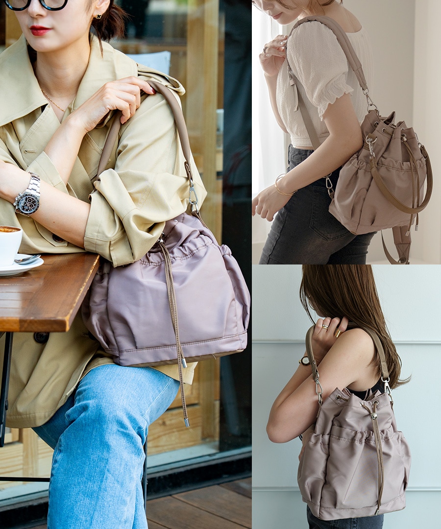 【クーポンで45％OFF】【新色グレー追加】★雑誌掲載されました★2way  ドロストバッグ レディース ハンドバッグ リュック ショルダーバッグ 軽量 バッグ 通勤 通学 きれいめ カジュアル おしゃれ ポリエステル 巾着バッグ ママバッグ 旅行 トレンド 大人女子 かわいい