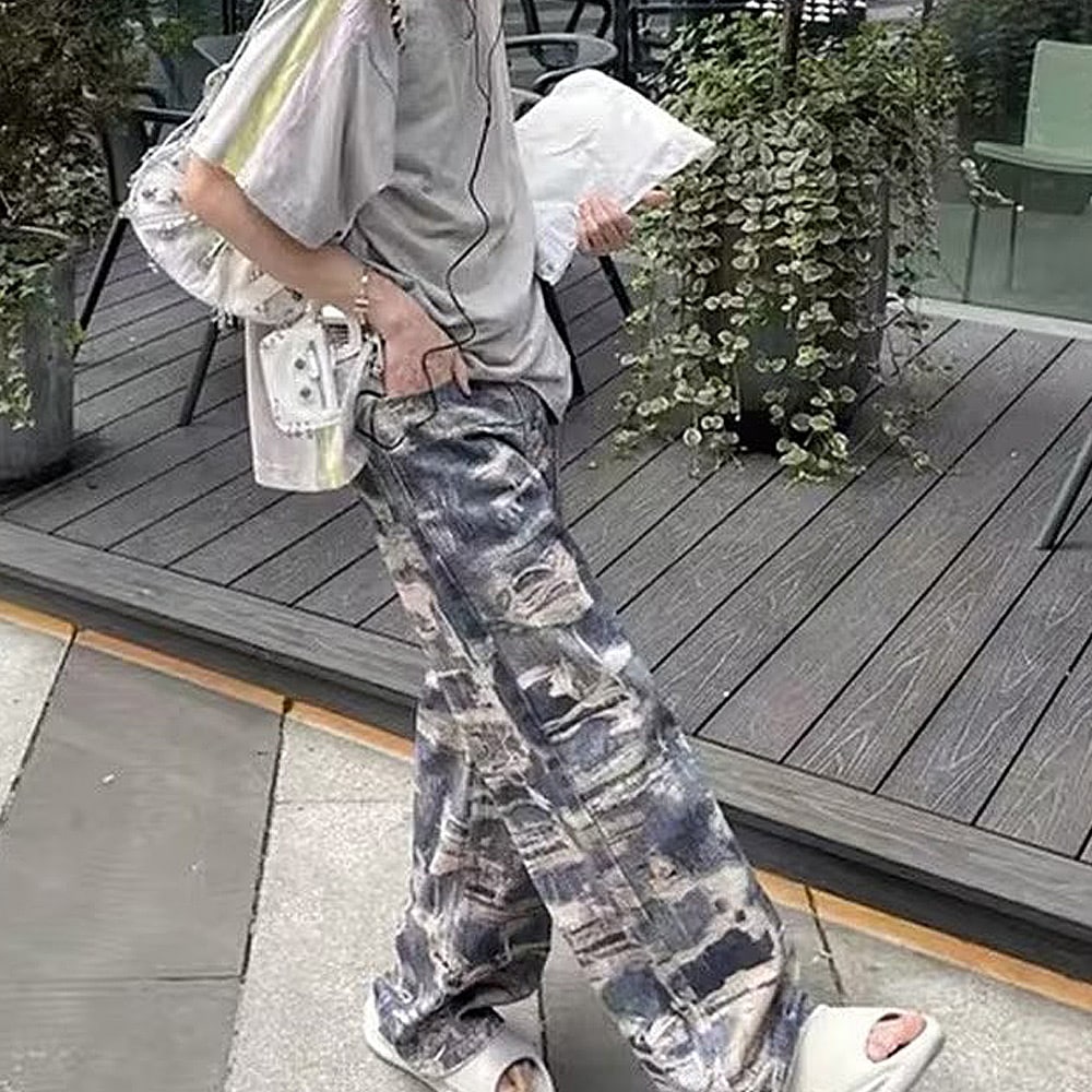 トロンプルイユ柄 ダメージ デニム エフェクト ワイド パンツ 