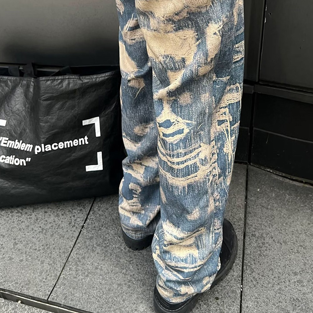 トロンプルイユ柄 ダメージ デニム エフェクト ワイド パンツ 