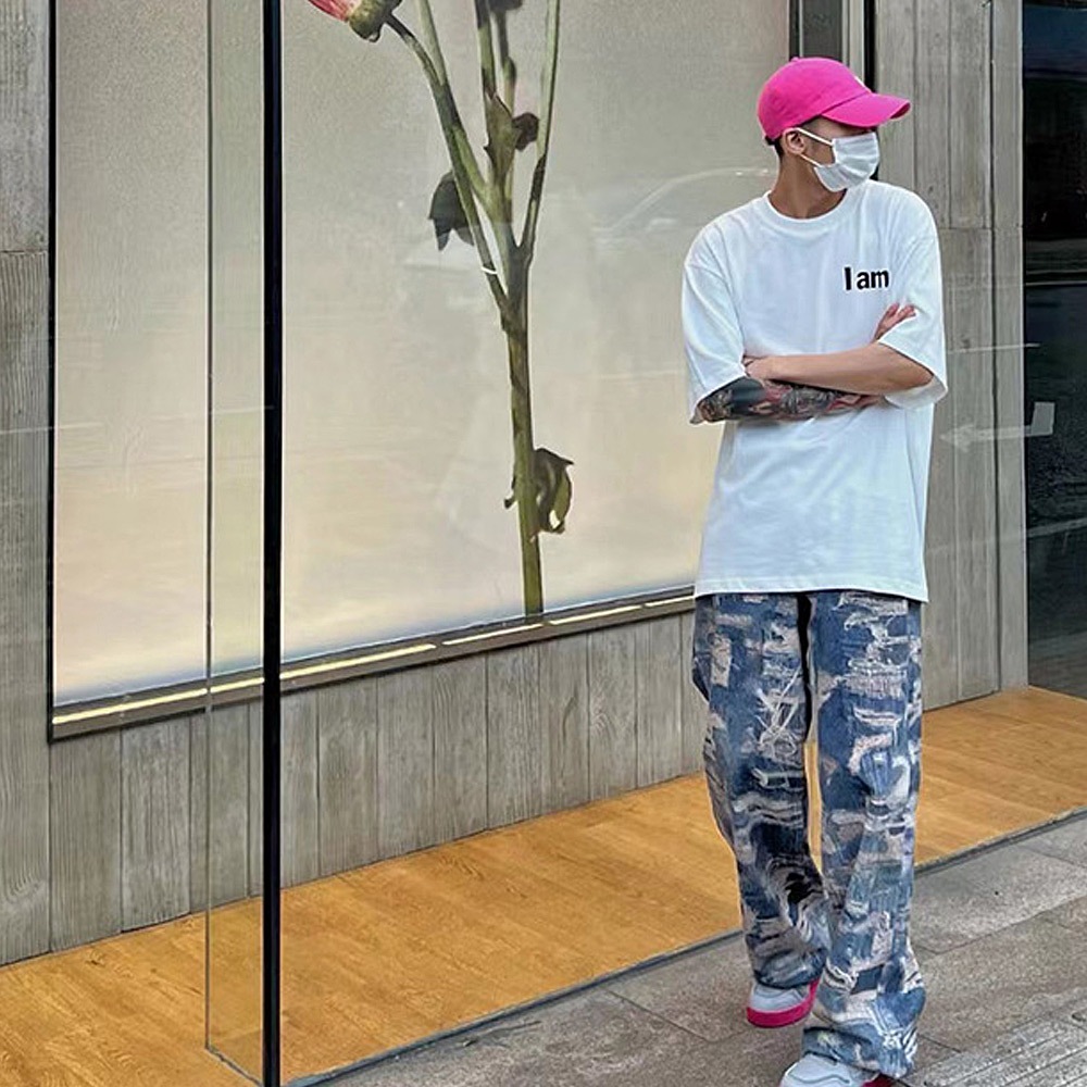 トロンプルイユ柄 ダメージ デニム エフェクト ワイド パンツ 