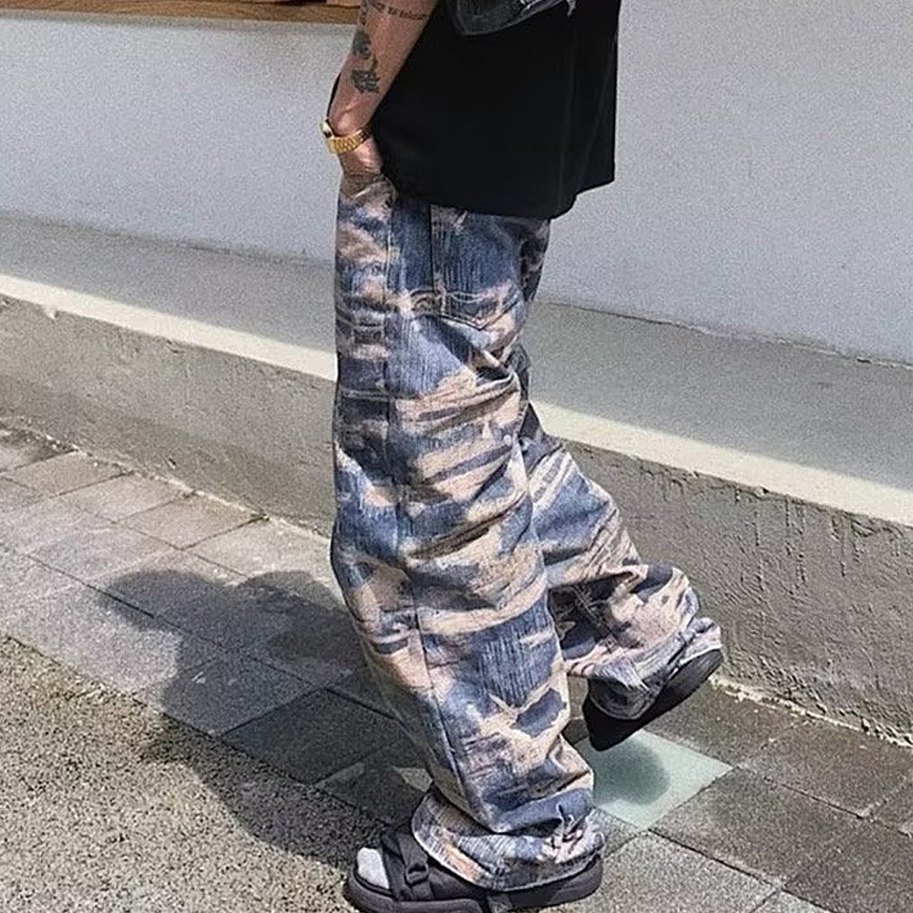 トロンプルイユ柄 ダメージ デニム エフェクト ワイド パンツ 