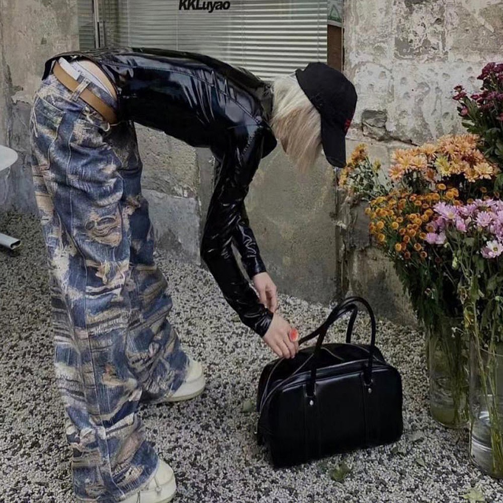 トロンプルイユ柄 ダメージ デニム エフェクト ワイド パンツ 