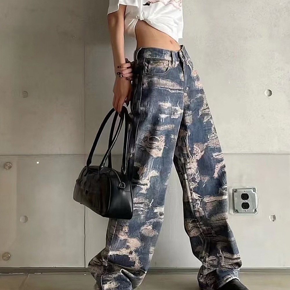トロンプルイユ柄 ダメージ デニム エフェクト ワイド パンツ 