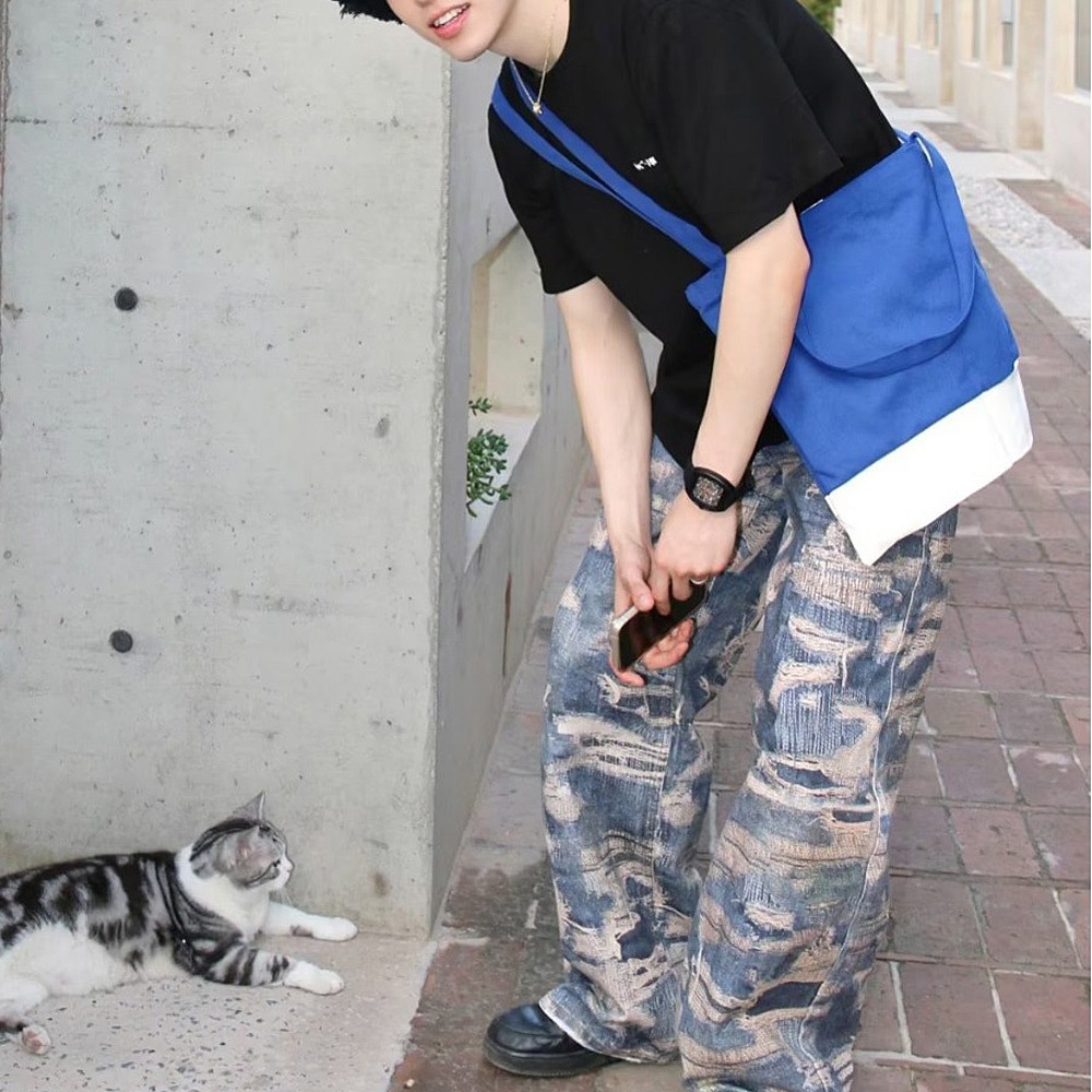 トロンプルイユ柄 ダメージ デニム エフェクト ワイド パンツ 