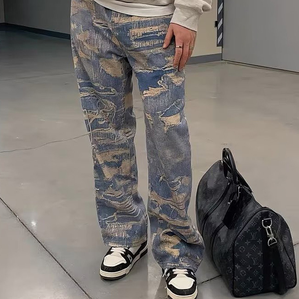 トロンプルイユ柄 ダメージ デニム エフェクト ワイド パンツ 