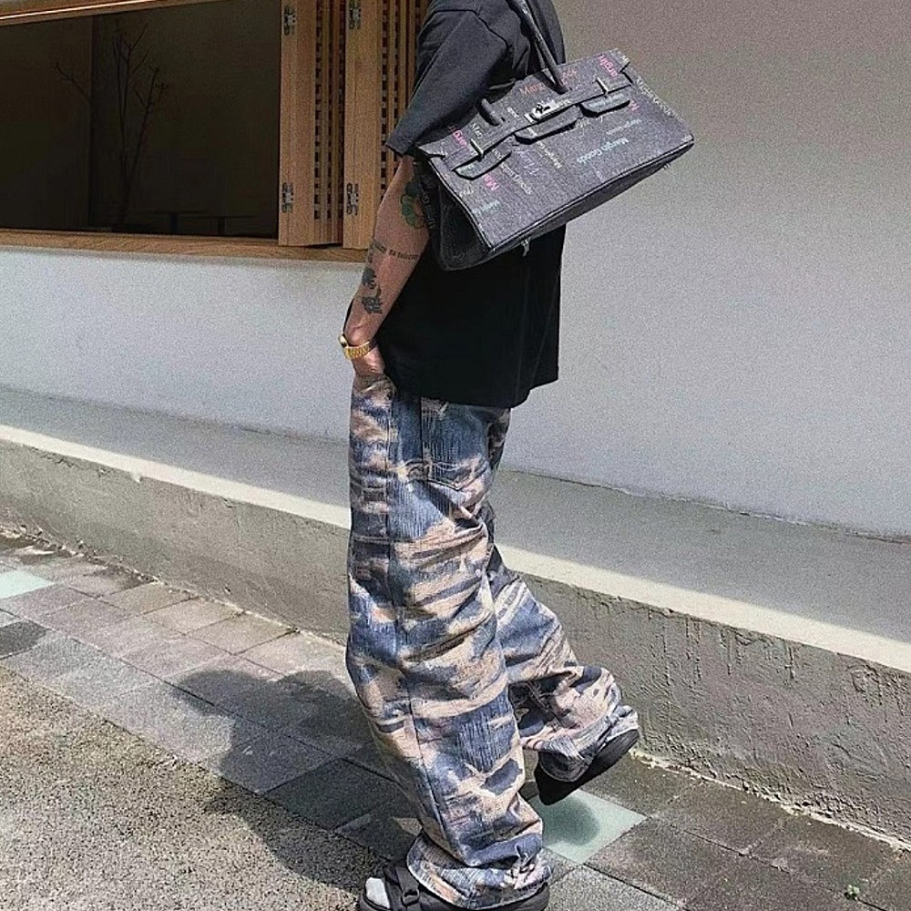 トロンプルイユ柄 ダメージ デニム エフェクト ワイド パンツ 