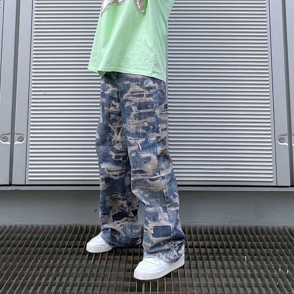 トロンプルイユ柄 ダメージ デニム エフェクト ワイド パンツ 