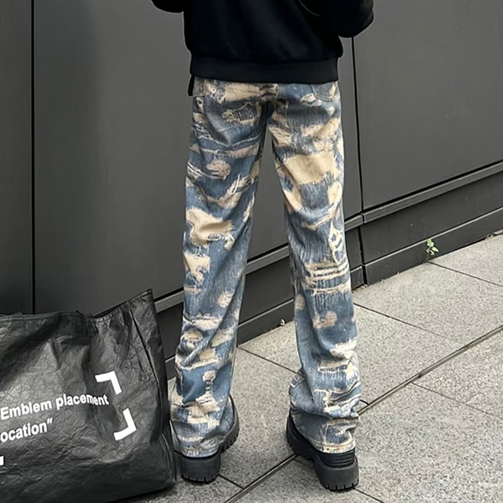 トロンプルイユ柄 ダメージ デニム エフェクト ワイド パンツ 