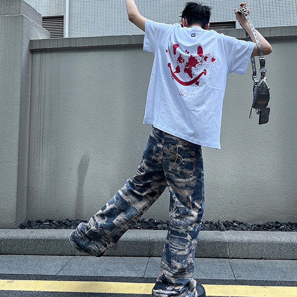 トロンプルイユ柄 ダメージ デニム エフェクト ワイド パンツ 