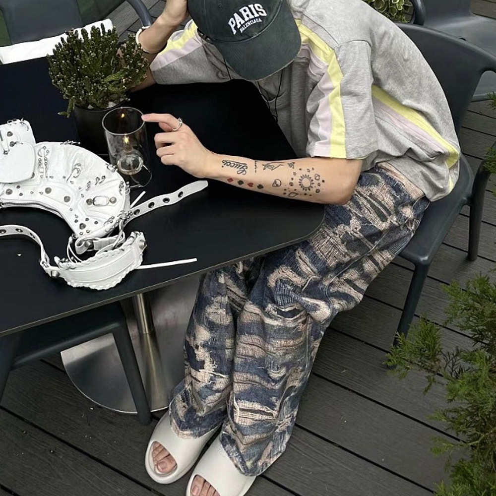 トロンプルイユ柄 ダメージ デニム エフェクト ワイド パンツ 