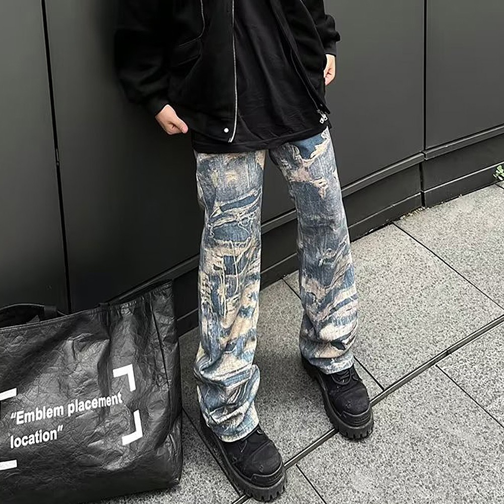 トロンプルイユ柄 ダメージ デニム エフェクト ワイド パンツ 