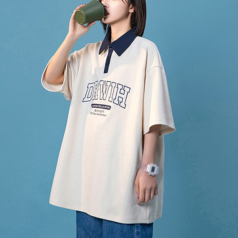 ポロシャツ ラガーシャツ カレッジロゴ 半袖 レディース メンズ おしゃれ ロゴ オーバーサイズ かっこいい ストリート トレンド 半袖 ファッション ビッグシルエット ペアルック 半袖シャツ 半袖tシャツ 韓国 韓国ファッション トップス