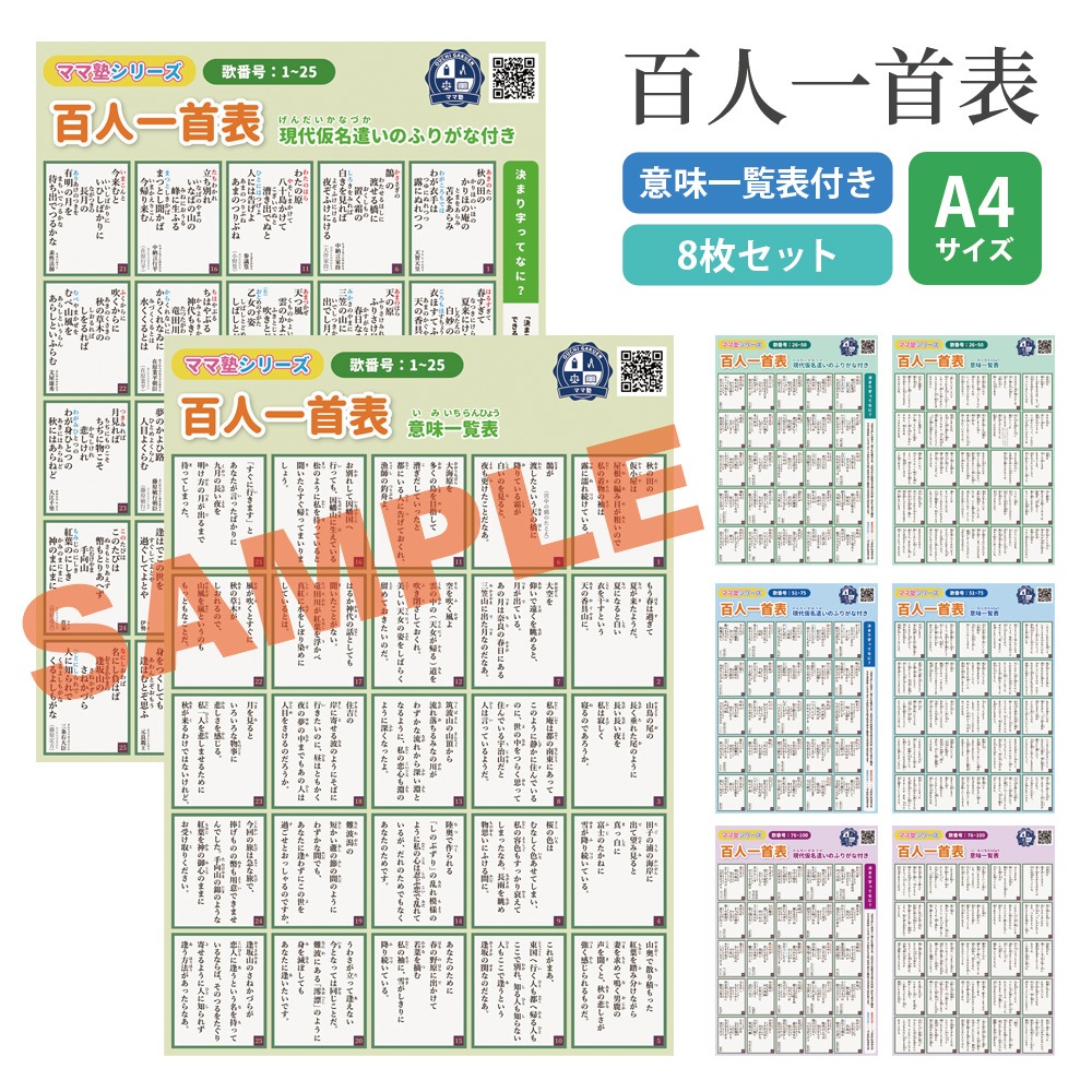 百人一首 A4プリント 8枚セット【現代仮名遣いのフリガナ+意味一覧表