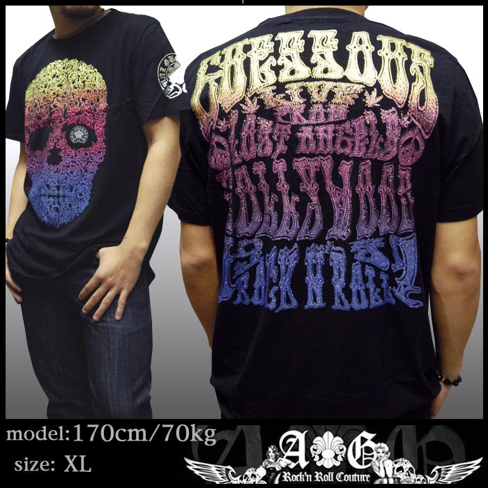 A&G エーアンドジー メンズ 半袖 Tシャツ ブラック ストーン スカル 