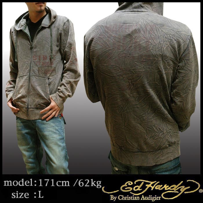 Ed Hardy エドハーディー メンズ ジップ パーカー TATTOO YOU グレー 