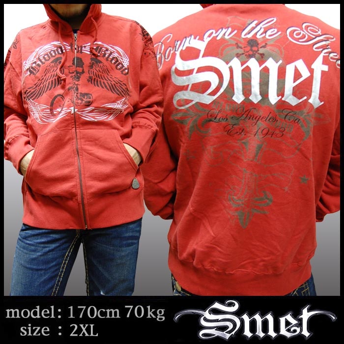 Smet スメット メンズ ジップ パーカー SRED レッド スカル フーディー 