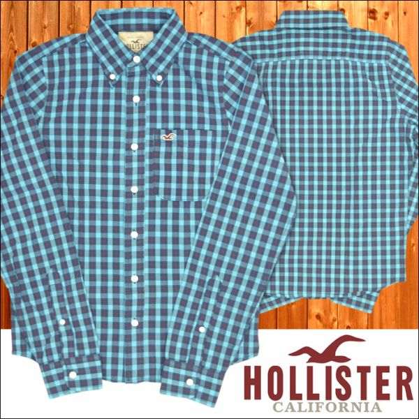 Hollister フード付きチェックシャツ　L 青　メンズ