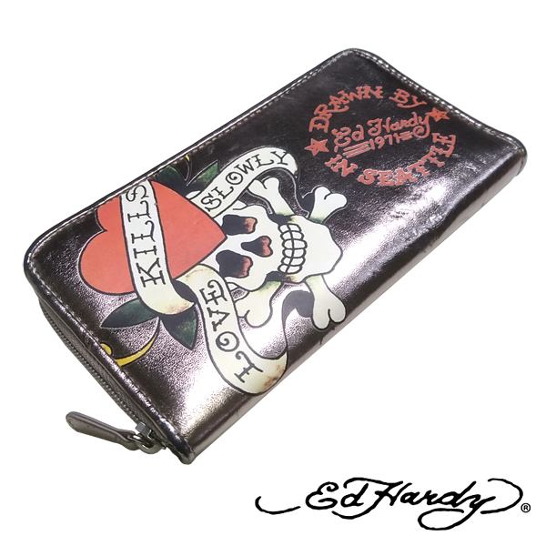 訳あり・アウトレット】Ed Hardy エドハーディー 合皮 長財布 ジップ