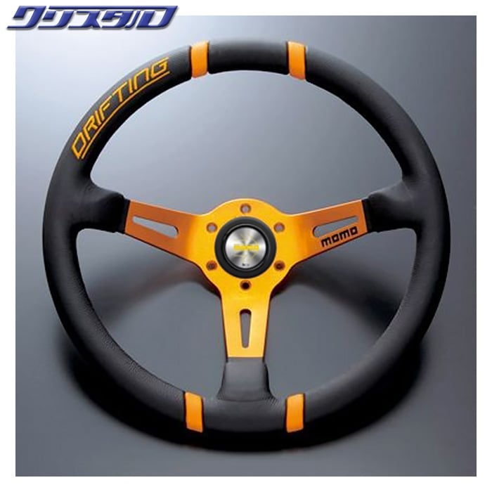 MOMO DRIFTING 350Φ 85mm DEEP BKレザー/ORスポーク ORANGEステッチ