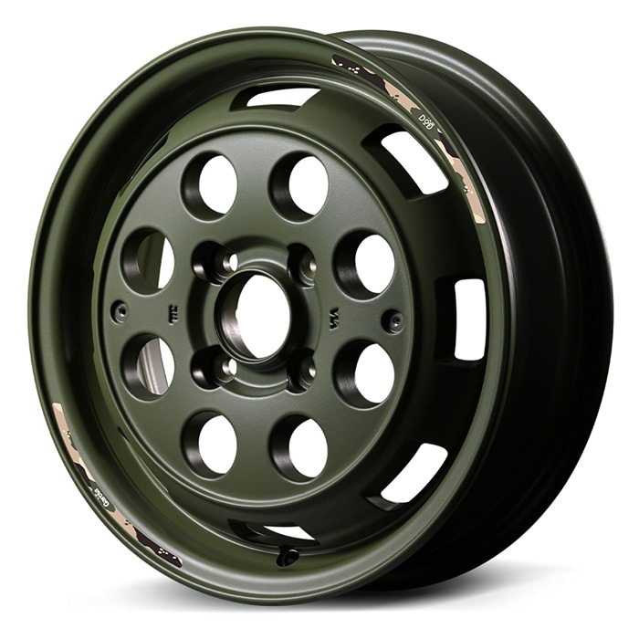 決算セール！MID WHEELS × DOD ウシャリントバリ 1445+45 4/100 14インチ 4.5J +45 ホール数:4 PCD:100 セミグロスODグリーン 4本セット マルカサービス SOG