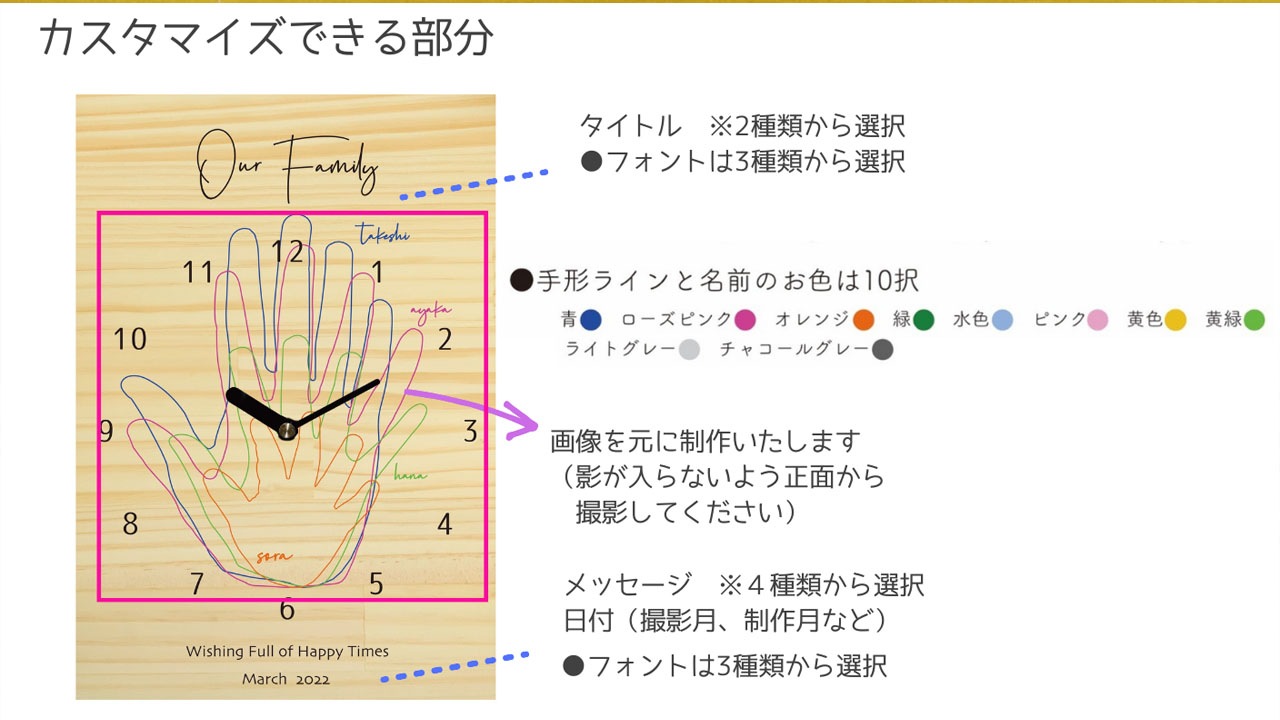 【日本ふれあい育児協会】ファミリー手形アート木製時計＜ファミリー向け＞