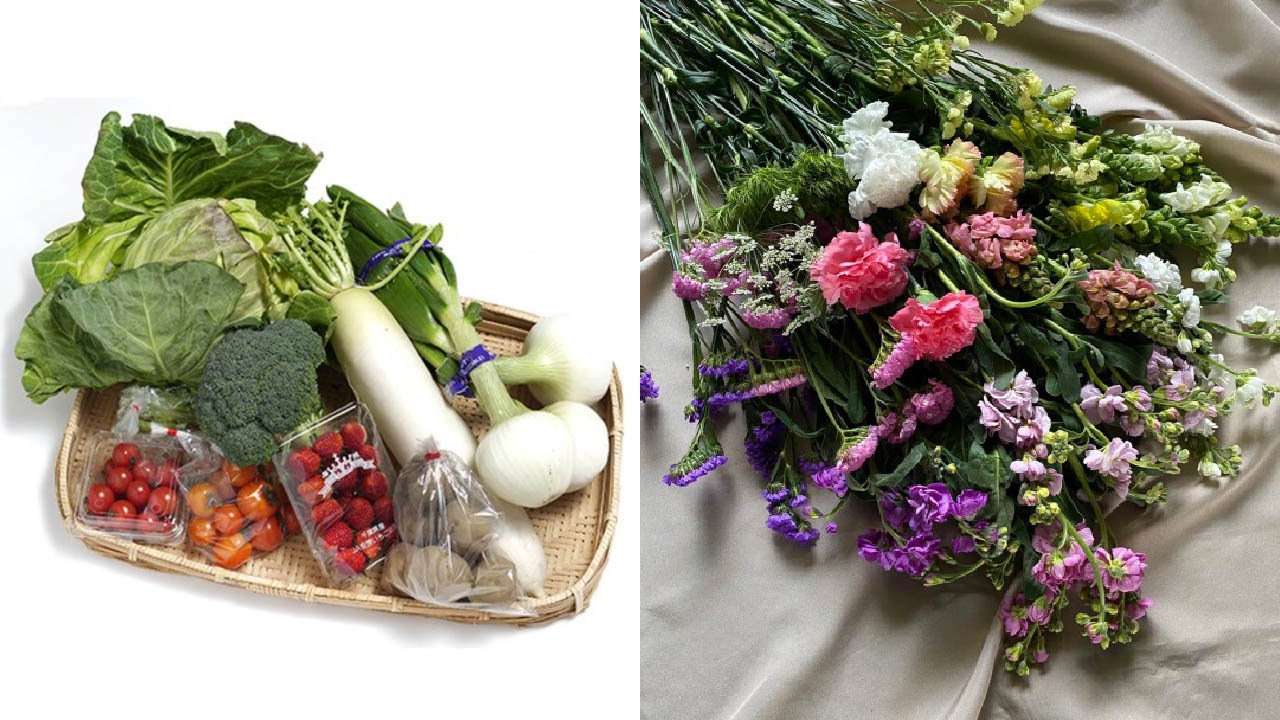 【早坂園芸】季節の野菜（8種）と切り花（約30本）の詰め合わせ
