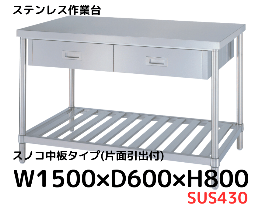 シンコー ステンレス作業台 スノコ棚 1500×600×800mm WSN-15060 シンコー ステンレス作業台(スノコ棚板タイプ・SUS430) 1500×600×800