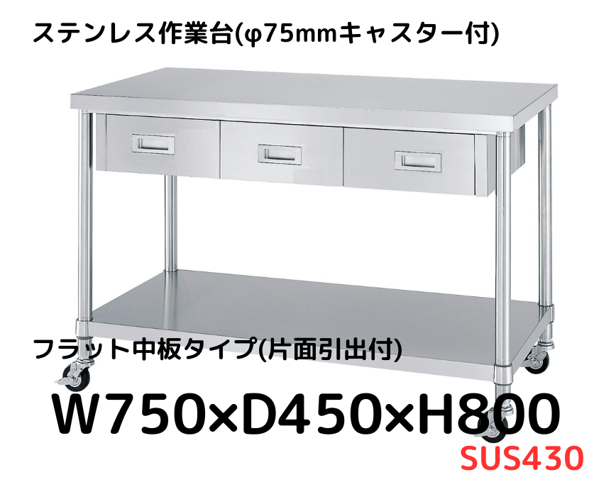 【引き出し・キャスター付き】ステンレス作業台 日本製 燕三条 ステンレス作業台ワゴン 幅73.5cm 引出し付き