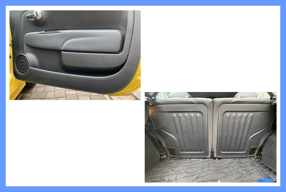 【おすすめチューニングセット】　ino la design ドアキックガード & リアシートバックガード レザー調・白ステッチ　【Fiat500】【ABARTH500・595・695】