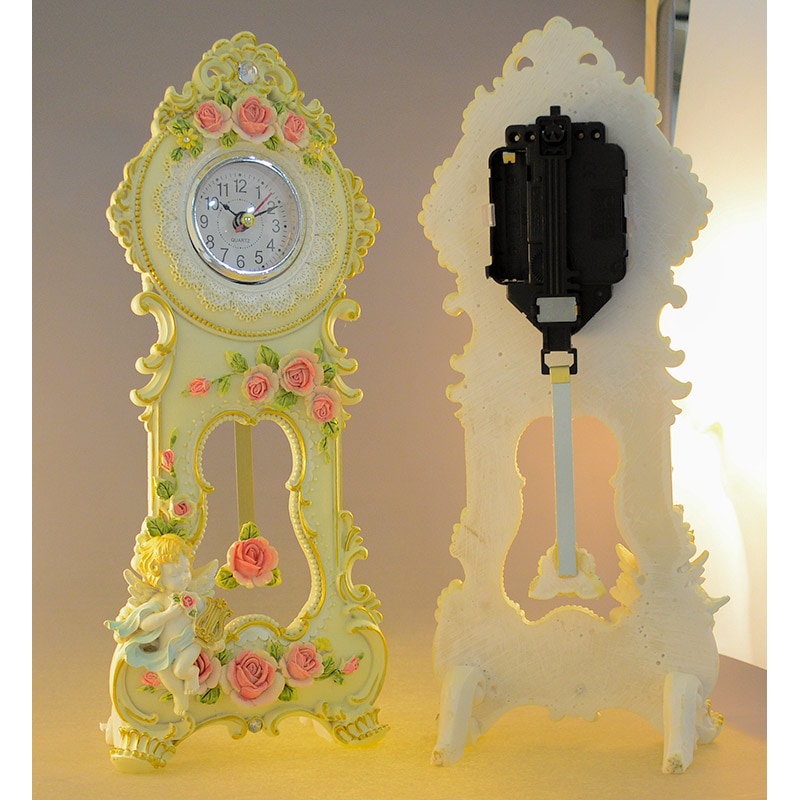 ロココ調ローズ置き時計：竪琴を持ったエンゼル：2色【送料無料