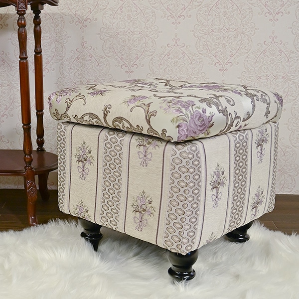 ローズ ロココ 収納 ファブリック ボックス スツール シルバー 人気 ローズ ロココ 収納 ファブリック ボックス スツール シルバー 人気