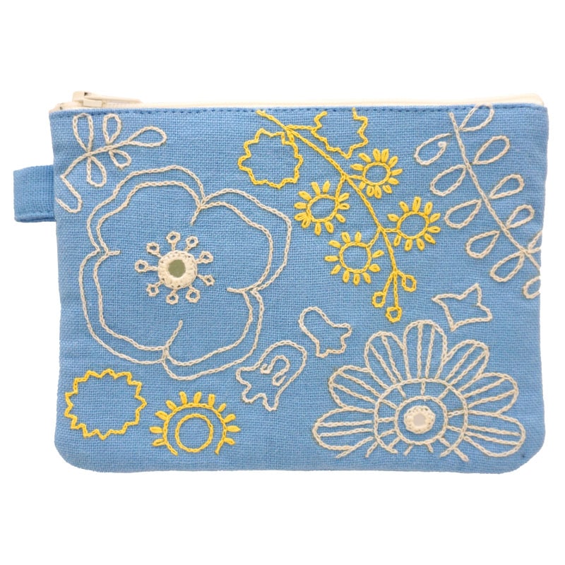 ミラー刺繍 ティッシュポーチ ミモザと花柄(ライトブルー) | 第3世界