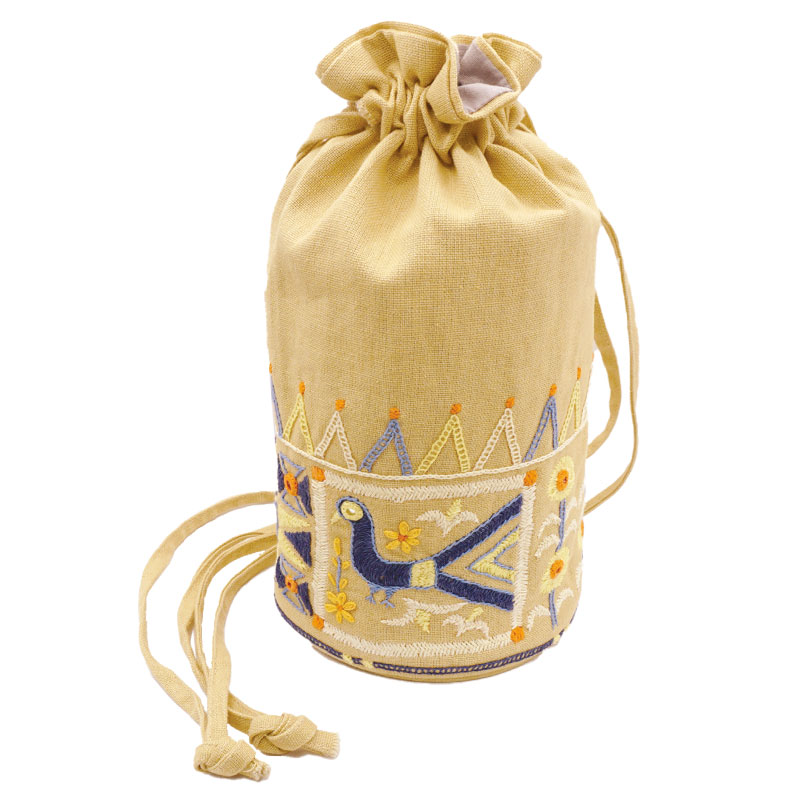 ミラー刺繍 丸底巾着ショルダーバッグ（ベージュ） | 第3世界ショップ